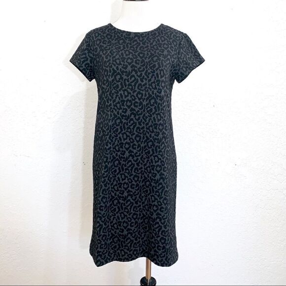 Loft Leopard Print Jacquard Fabric Dress Short sleeves exposed back zipper - Picture 1 of 8